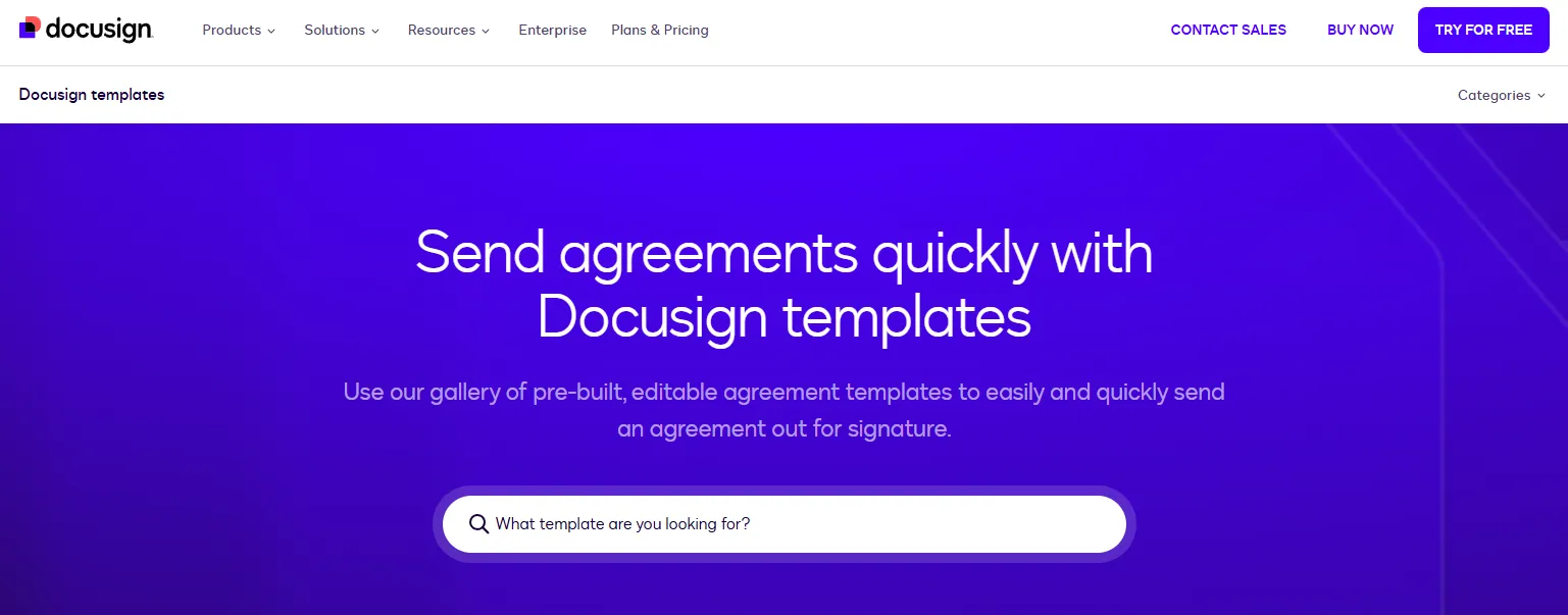 Screenshot of the Docusign templates page with a headline about customizable agreements and a search bar for finding templates