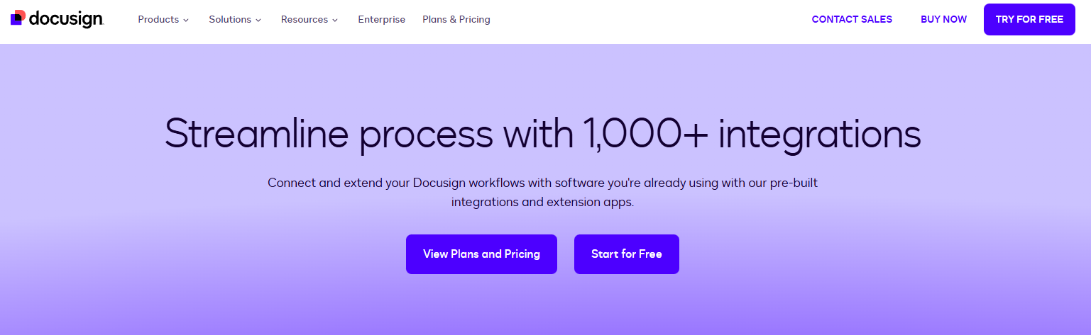 Screenshot of the Docusign integrations page featuring a headline about 1,000+ integrations and call-to-action buttons for pricing and trial