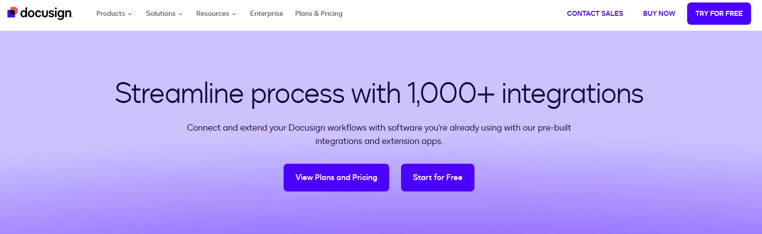 Screenshot of the Docusign integrations page featuring a headline about 1,000+ integrations and call-to-action buttons for pricing and trial