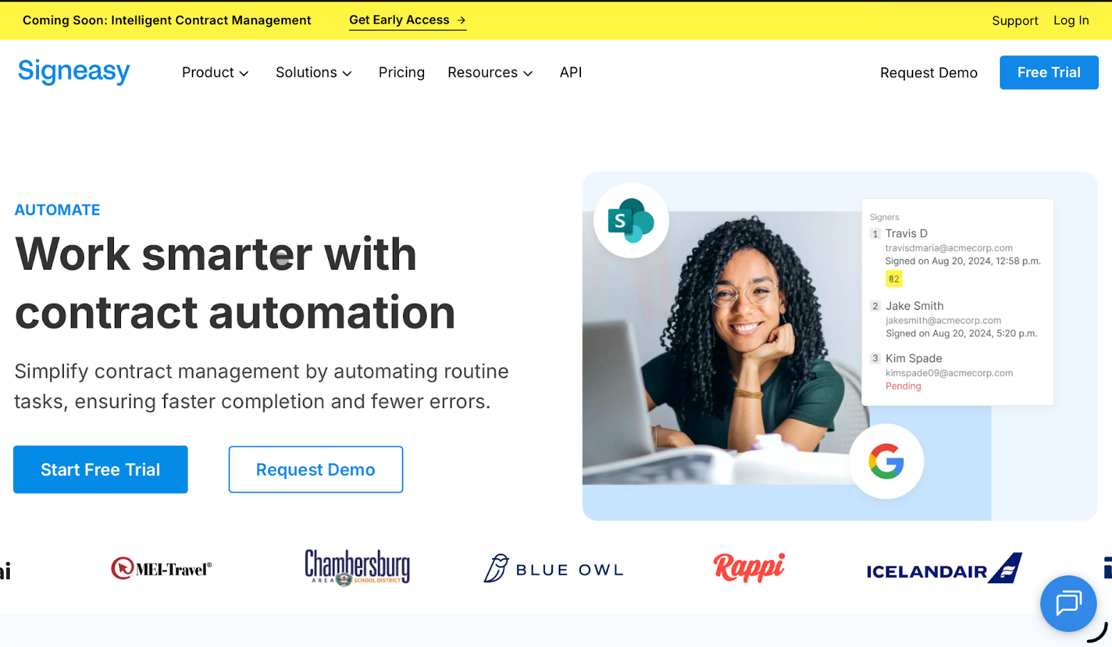 Screenshot of the Signeasy website promoting contract automation with Start Free Trial and Request Demo buttons