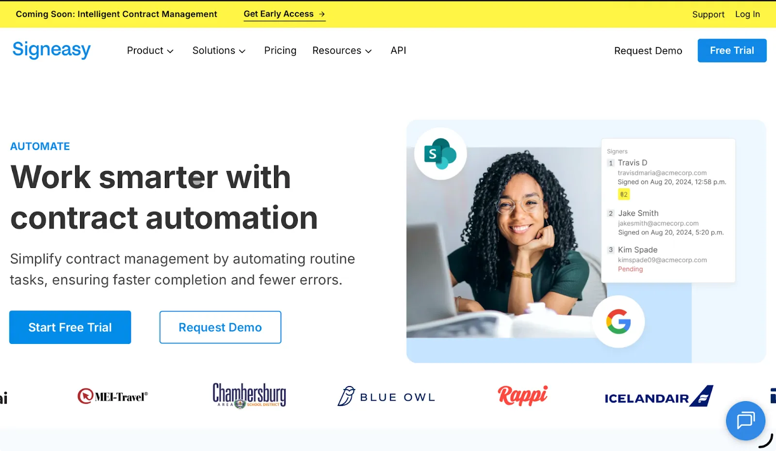 Screenshot of the Signeasy website promoting contract automation with Start Free Trial and Request Demo buttons