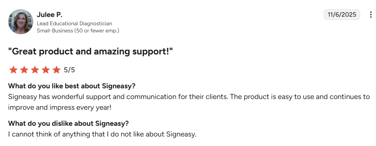 Five-star customer testimonial praising Signeasy’s usability and responsive support.