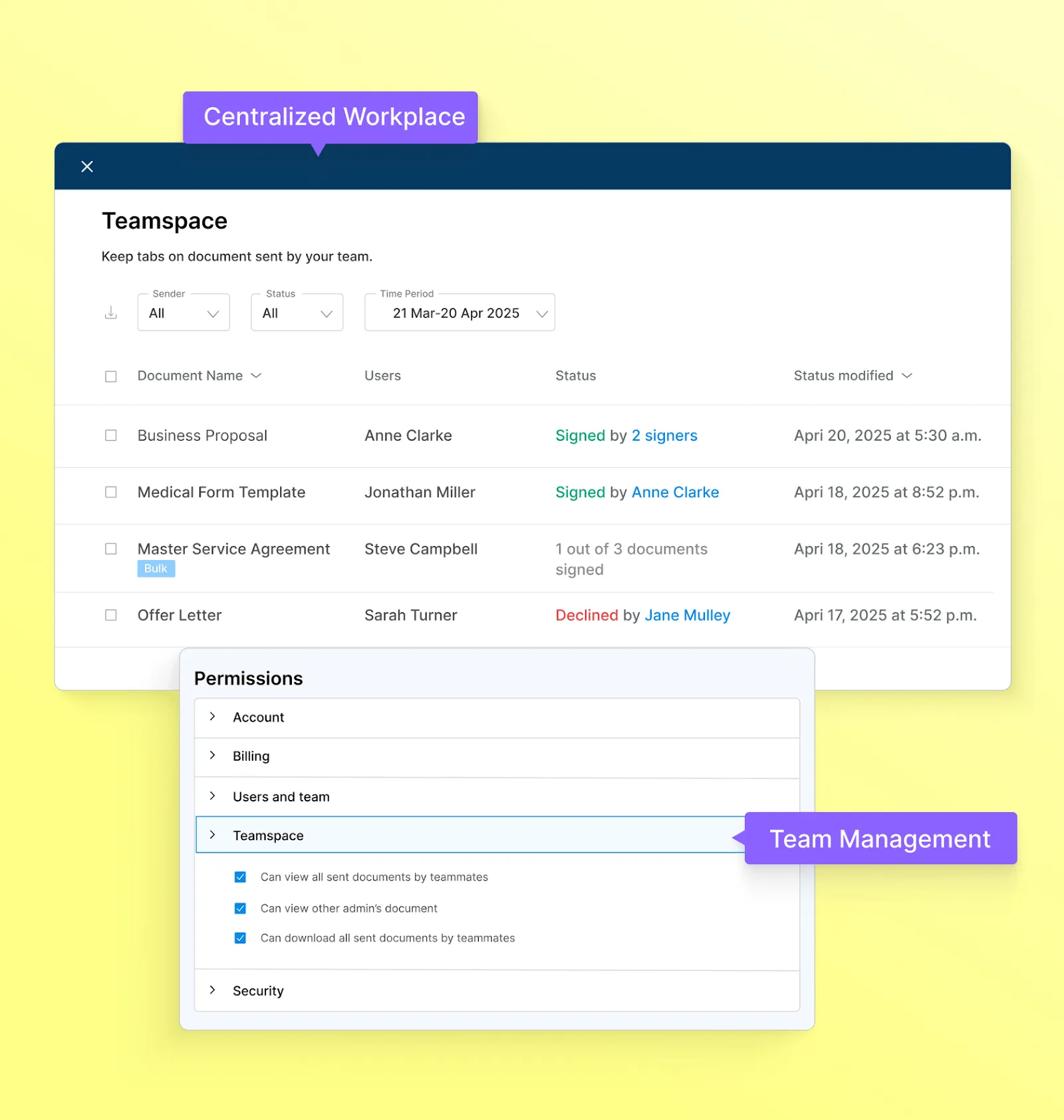 Signeasy’s centralized contract dashboard showing document status, assigned users, signing progress, and role-based team permissions