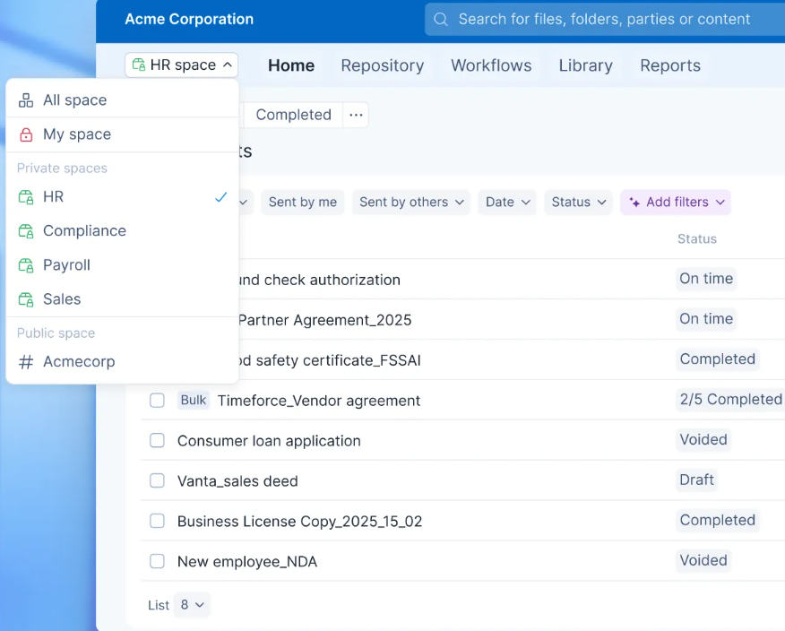 An image showing documents with respective status on the Signeasy dashboard 