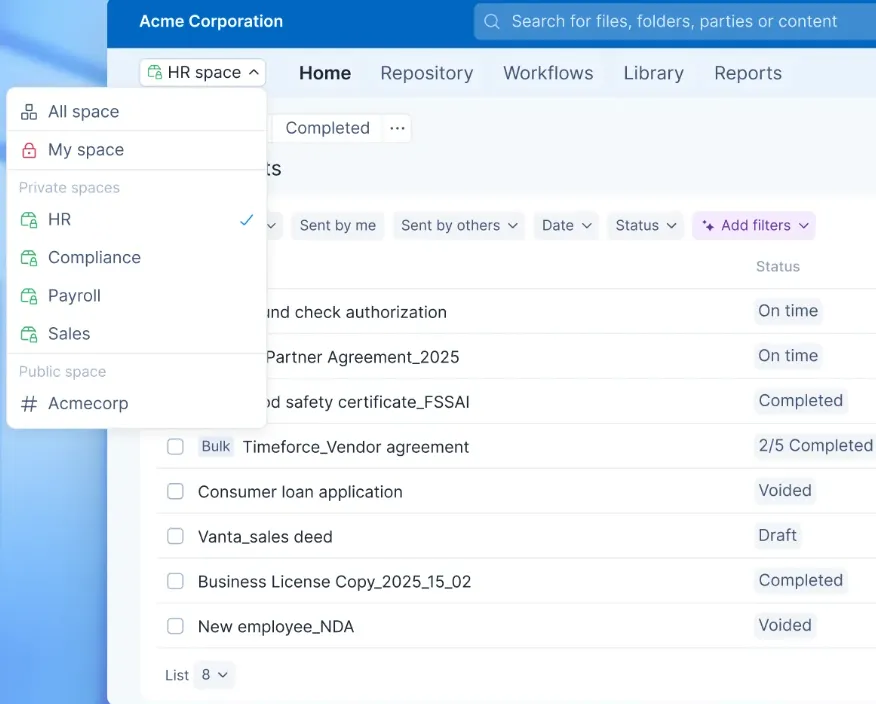 An image showing documents with respective status on the Signeasy dashboard 