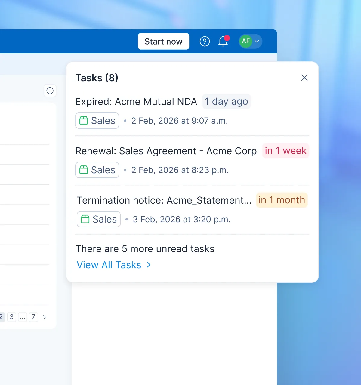 Contract tasks panel showing expirations, renewals, and termination notices.