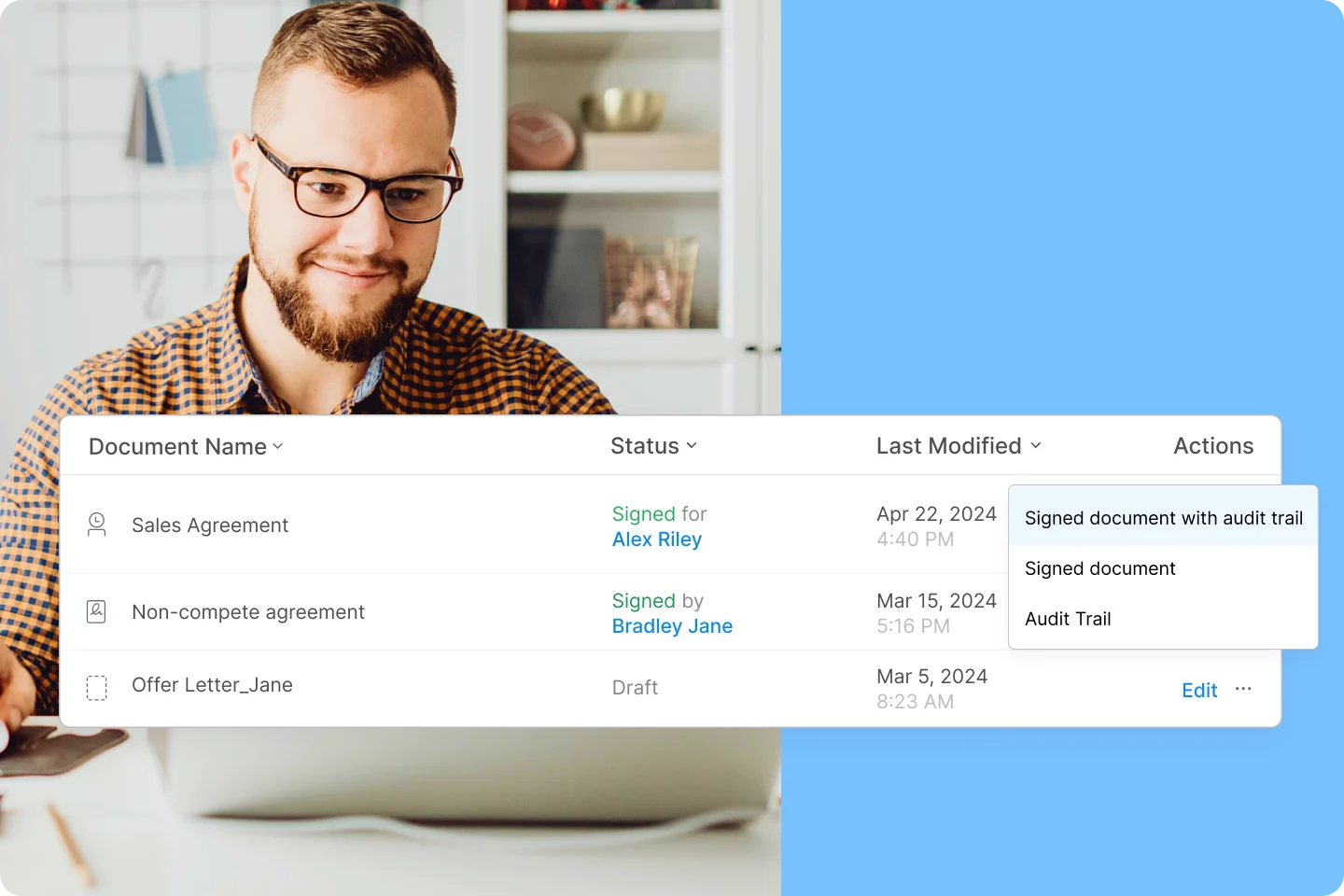 Team member reviewing contract status, signatures, and audit trail details.