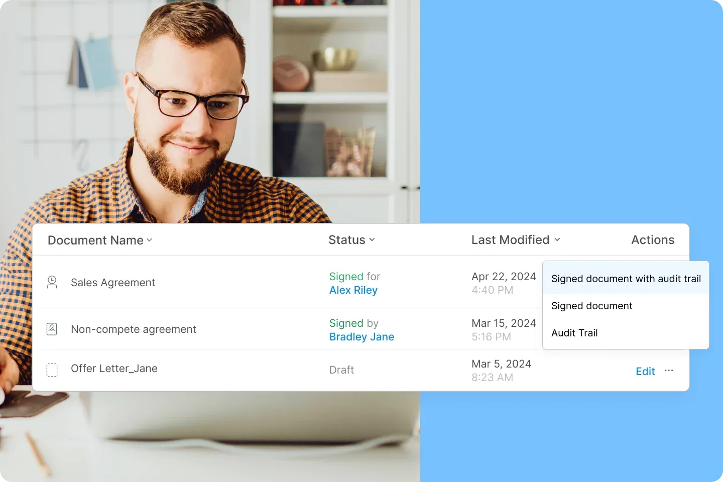 Team member reviewing contract status, signatures, and audit trail details.