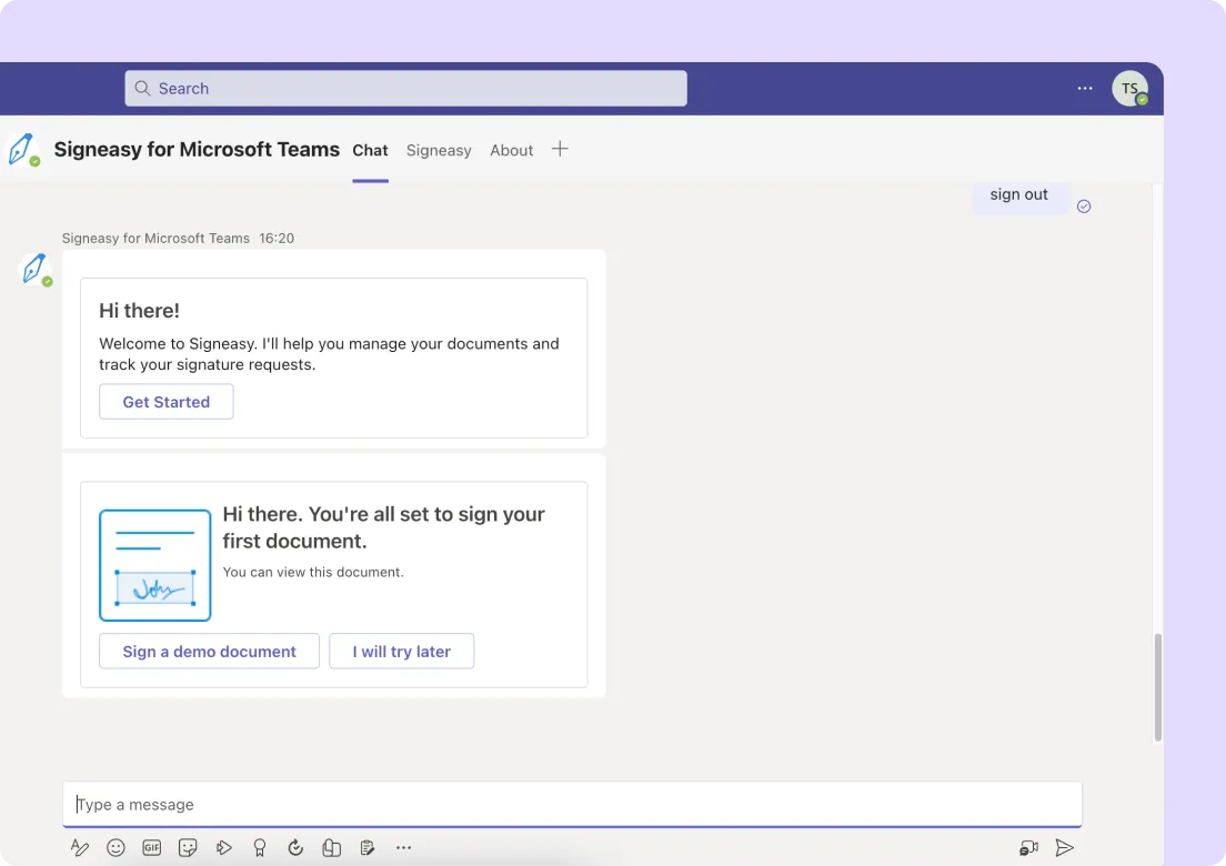 Signeasy app in Microsoft Teams chat for managing signature requests.