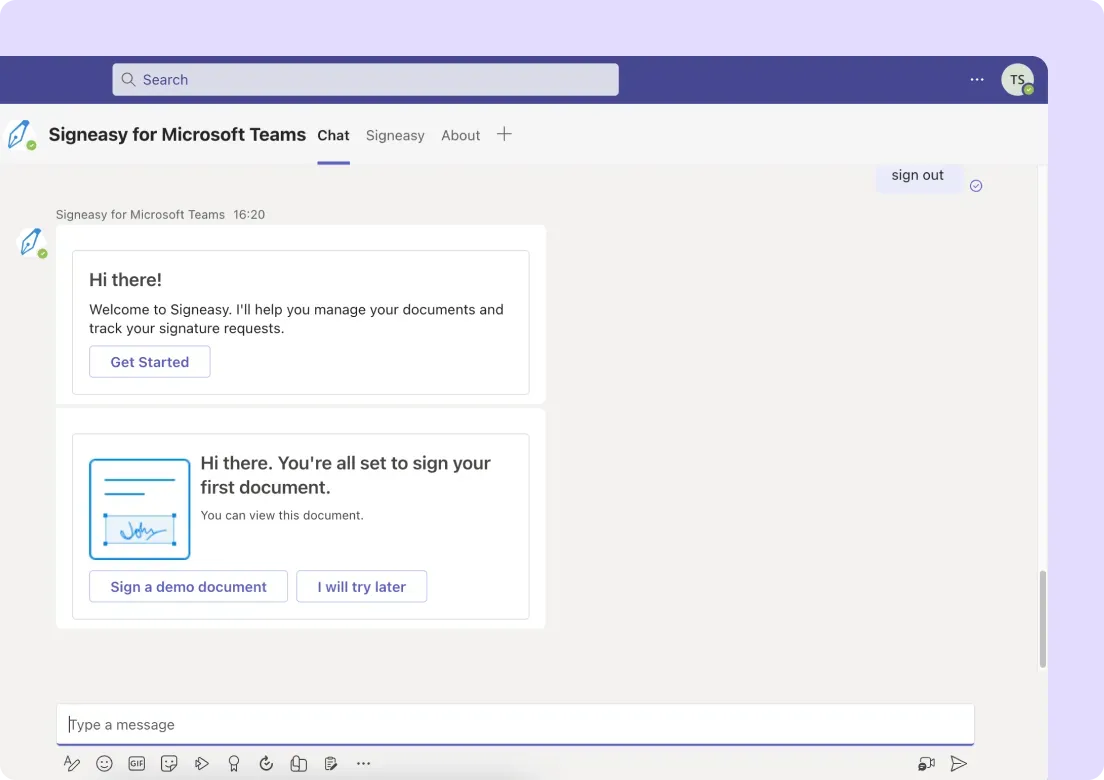 Signeasy app in Microsoft Teams chat for managing signature requests.