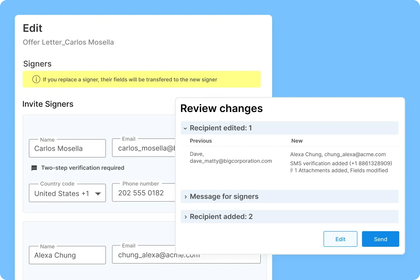 Editing contract signers with review changes and recipient updates panel.