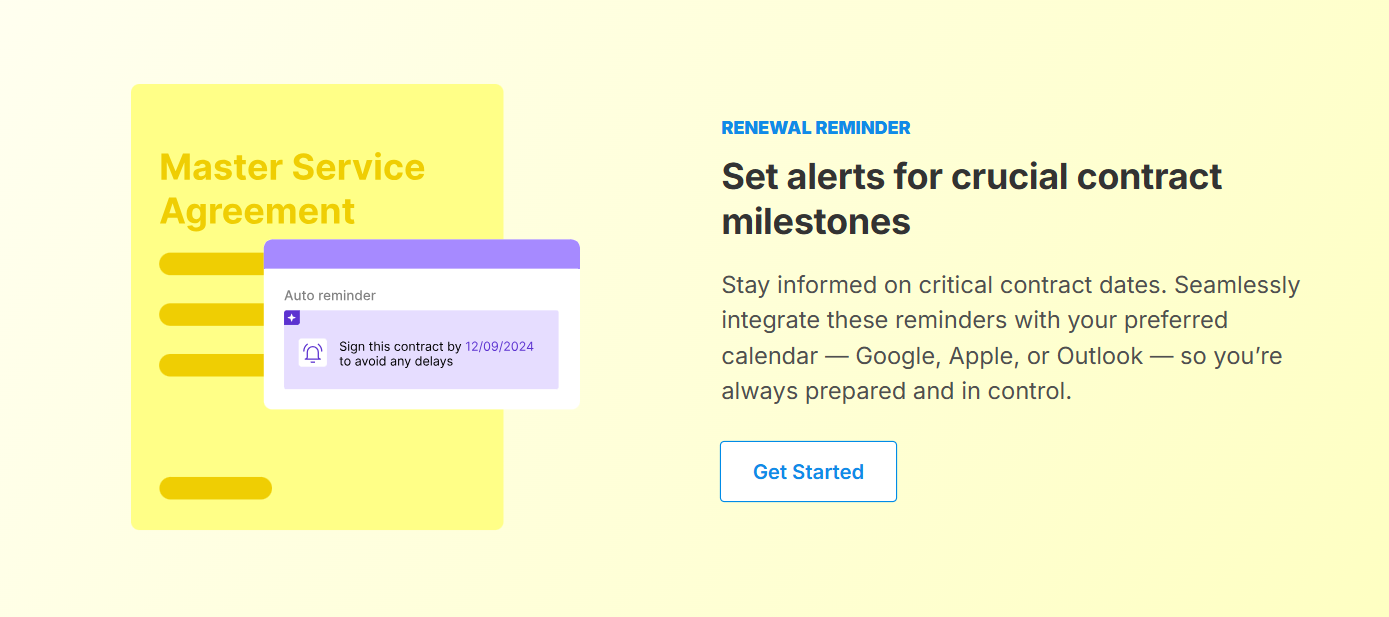 Signeasy contract milestone and renewal alert settings with Google, Apple, and Outlook Calendar sync