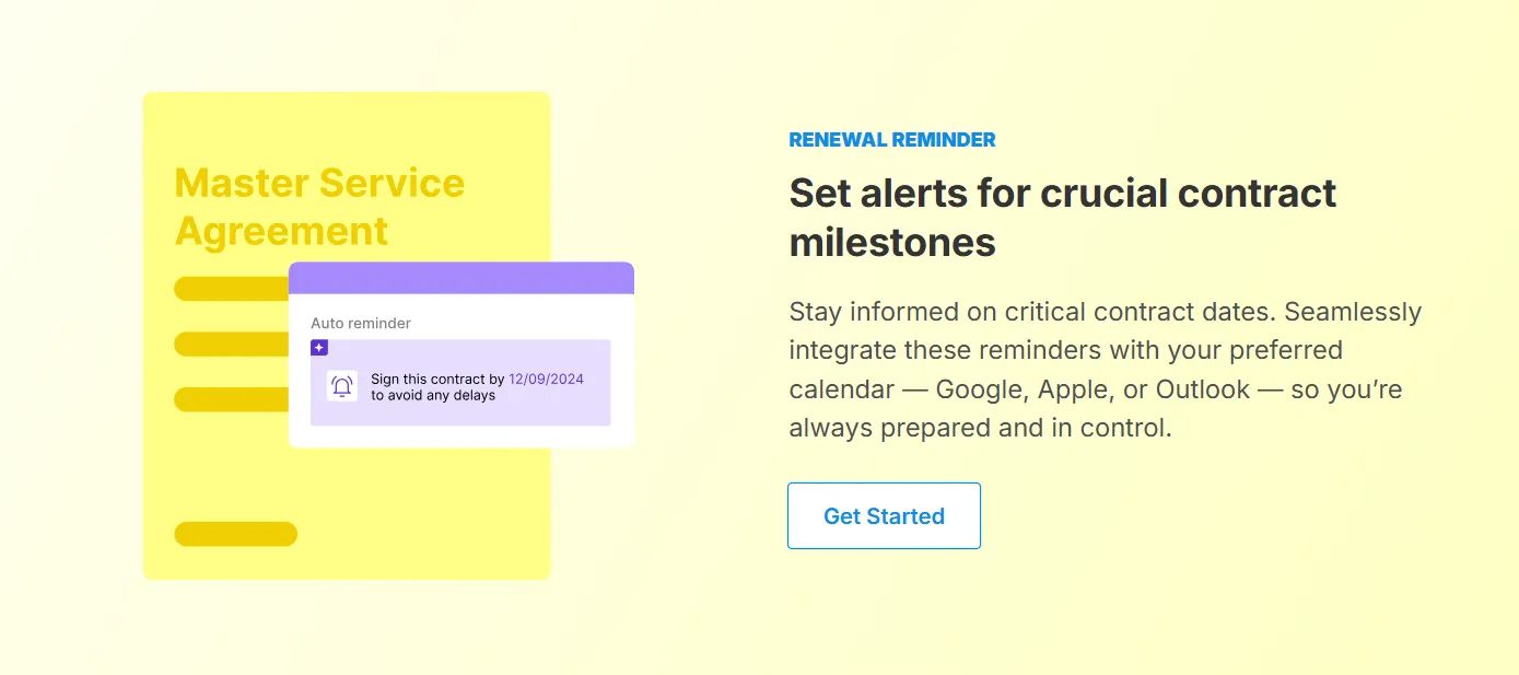 Signeasy contract milestone and renewal alert settings with Google, Apple, and Outlook Calendar sync