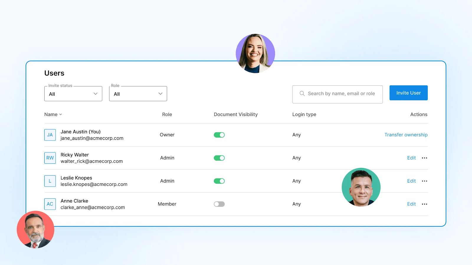 Image of Signeasy’s team management settings showing role-based permissions