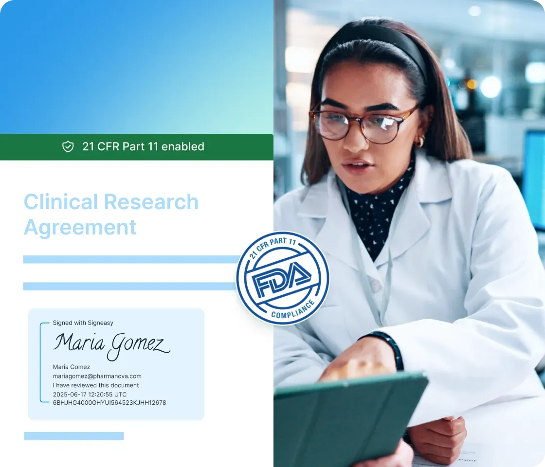 Clinical research agreement highlighting 21 CFR Part 11 compliance in Signeasy