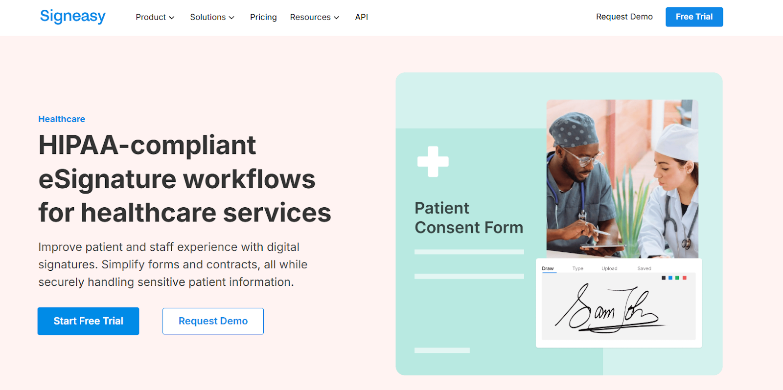 Screenshot of Signeasy’s website highlighting its HIPAA-compliant eSignature workflows
