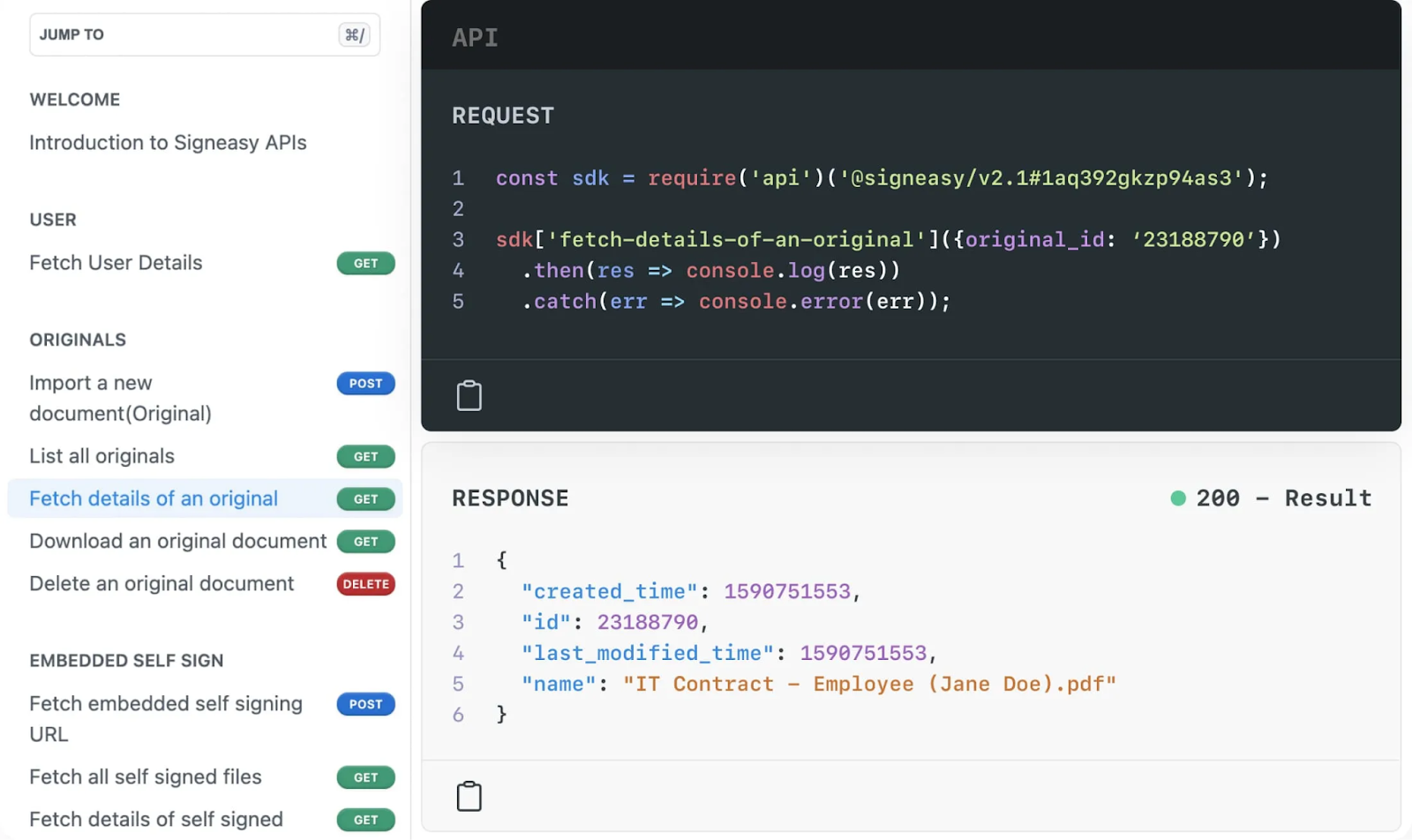 Signeasy API workflow diagram showing embedded eSignature in a healthcare application