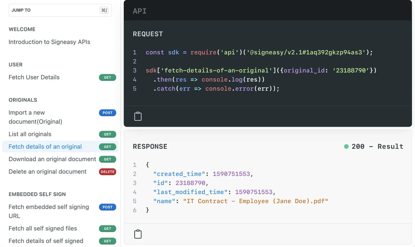 Signeasy API workflow diagram showing embedded eSignature in a healthcare application