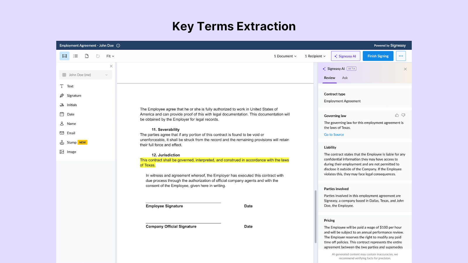 Image of Signeasy’s AI contract summary showing extracted key terms and clauses