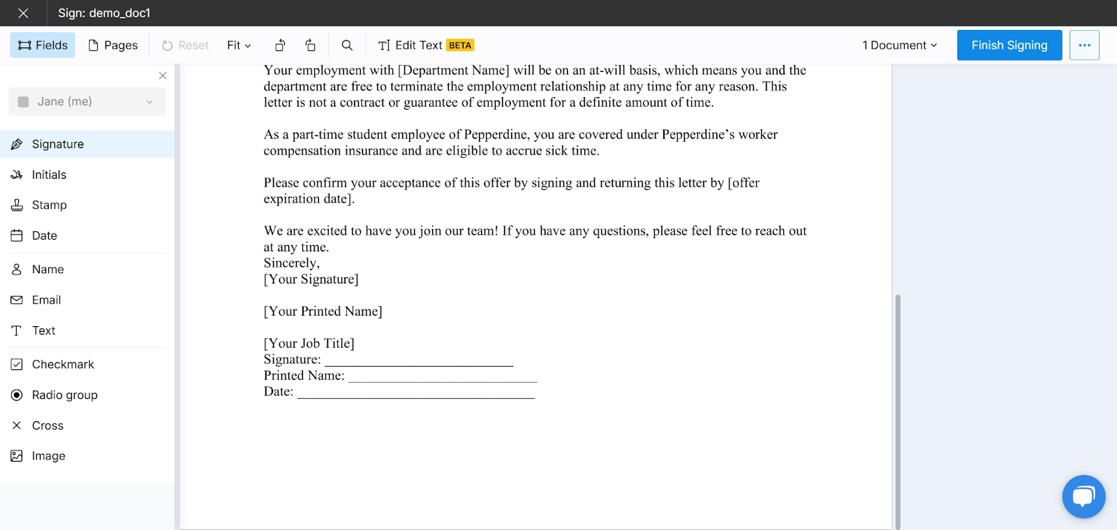 Signeasy document signing interface showing the left-side annotations toolbar and an offer letter for signing