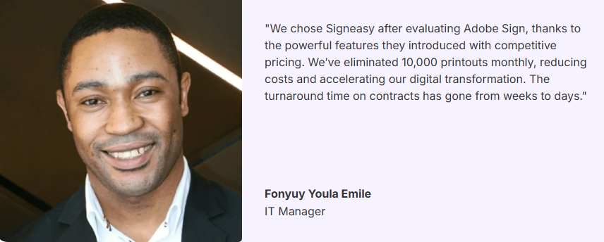 Image showing testimony of a high-level client of Signeasy