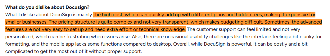A Docusign user's G2 review highlighting the platform's complex and opaque pricing structure