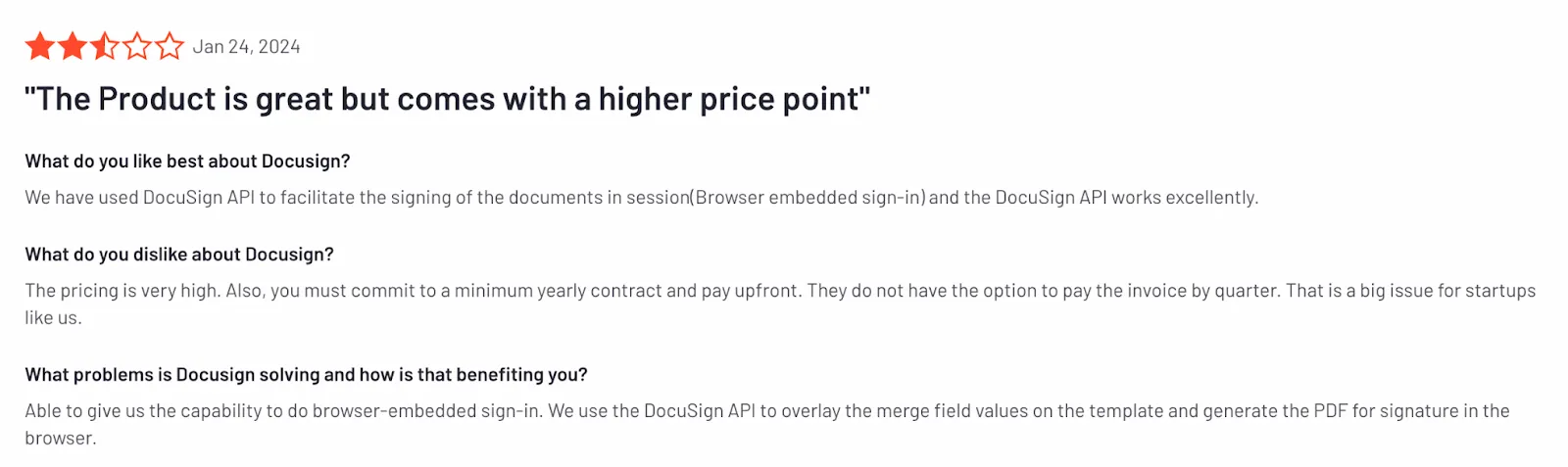 Docusign user review praising the API's excellent performance for browser-embedded signing