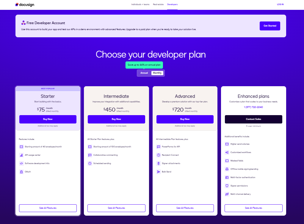 Screenshot of Docusign's developer pricing page showing Starter, Intermediate, and Advanced API plan tiers