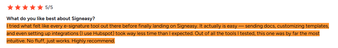 5-star review calling Signeasy the most intuitive e-signature tool tested