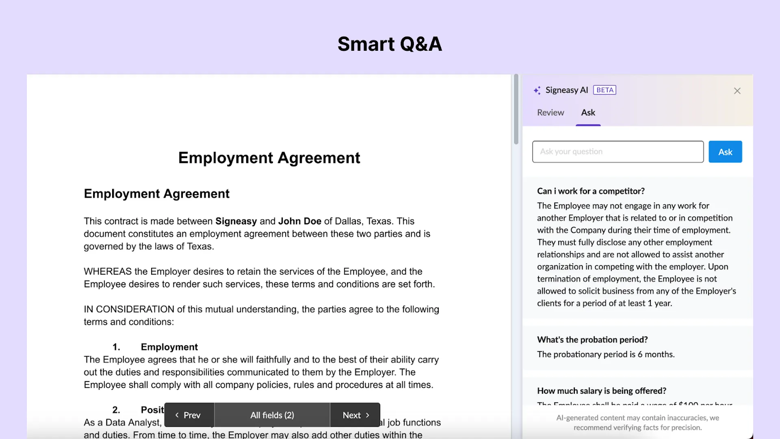 Signeasy AI panel showing Smart Q&A responses to questions about an employment agreement