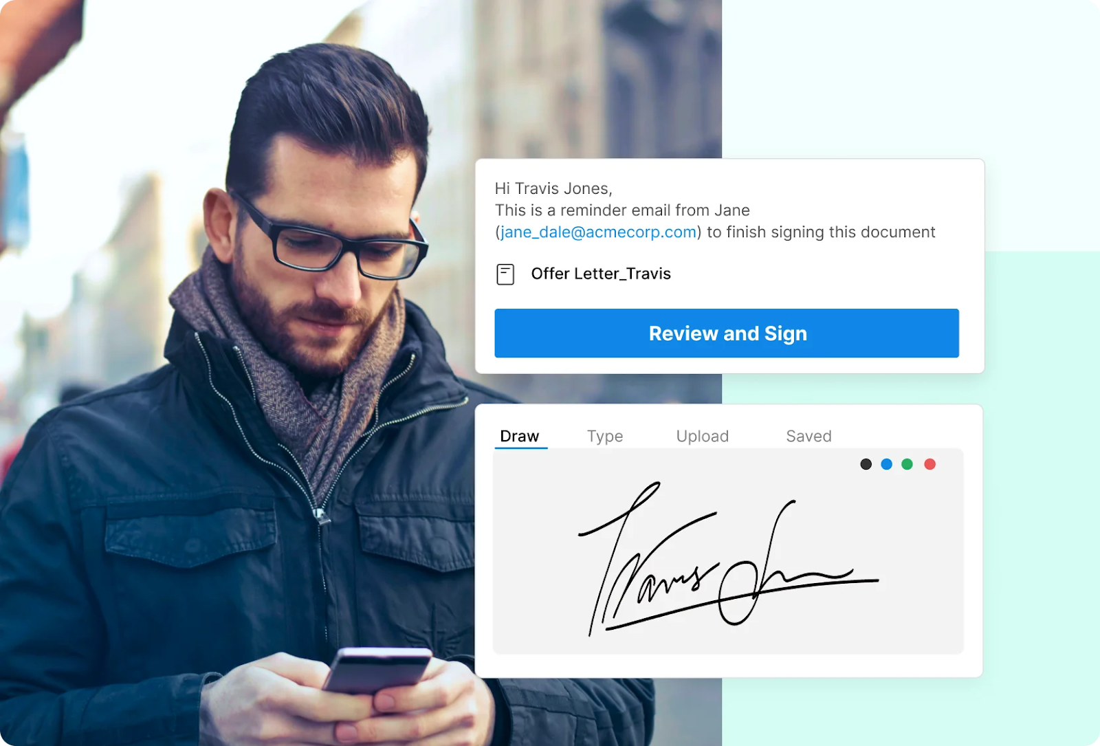 Signeasy reminder email notification, alongside the signature creation interface
