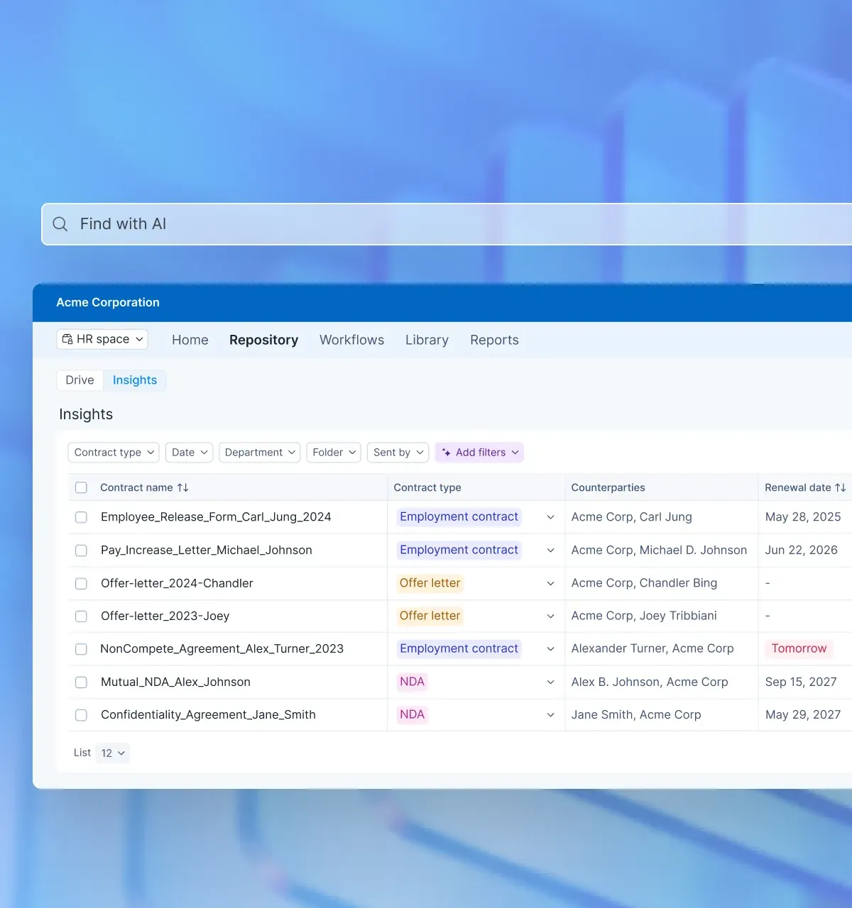 Dashboard showing contract repository insights, filters, AI search, and renewal dates