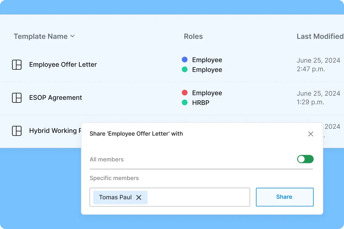 Template sharing popup showing members, roles, and access control settings.