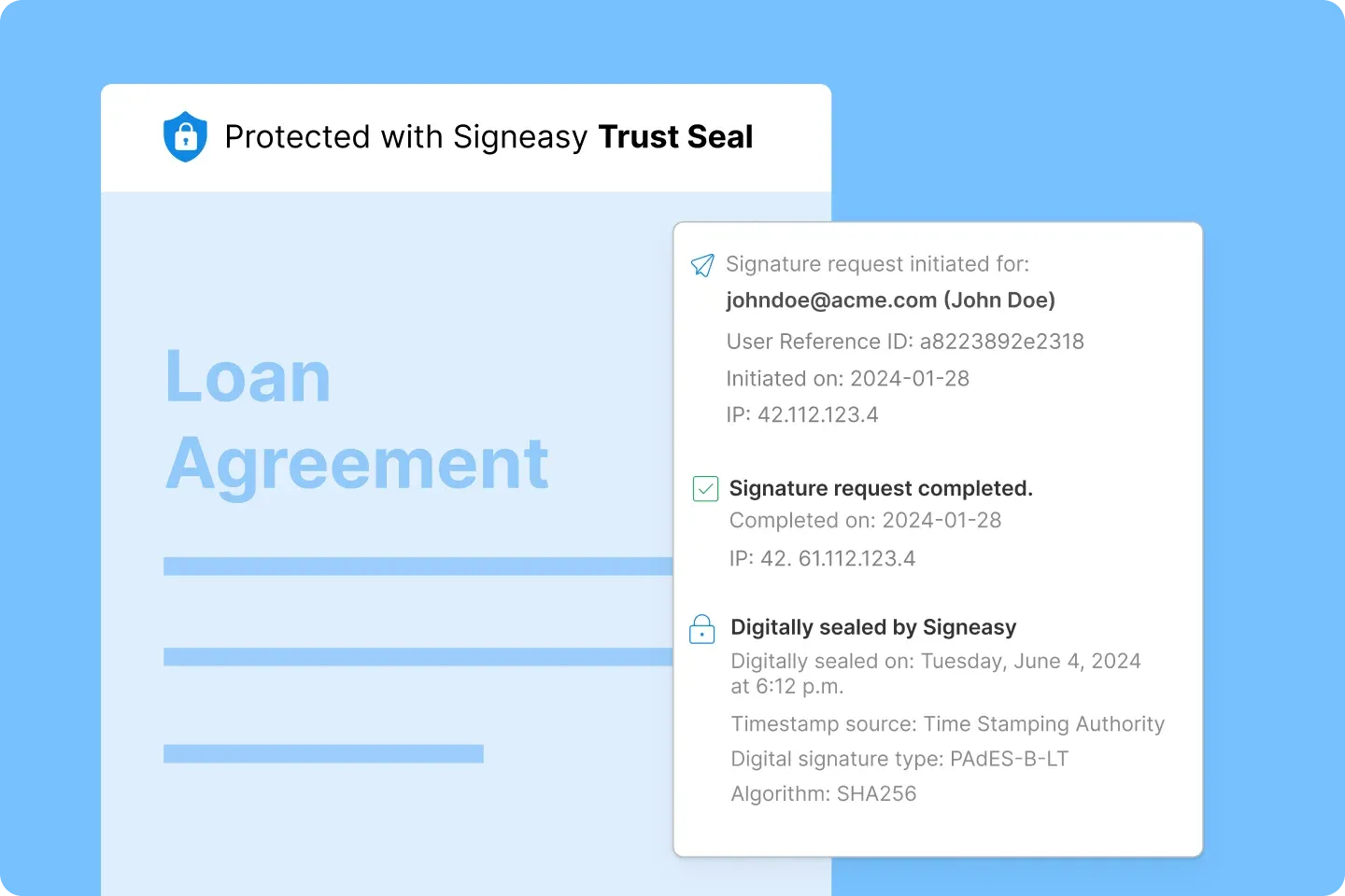 Loan agreement showing digital seal, timestamp, and completed signature audit trail.
