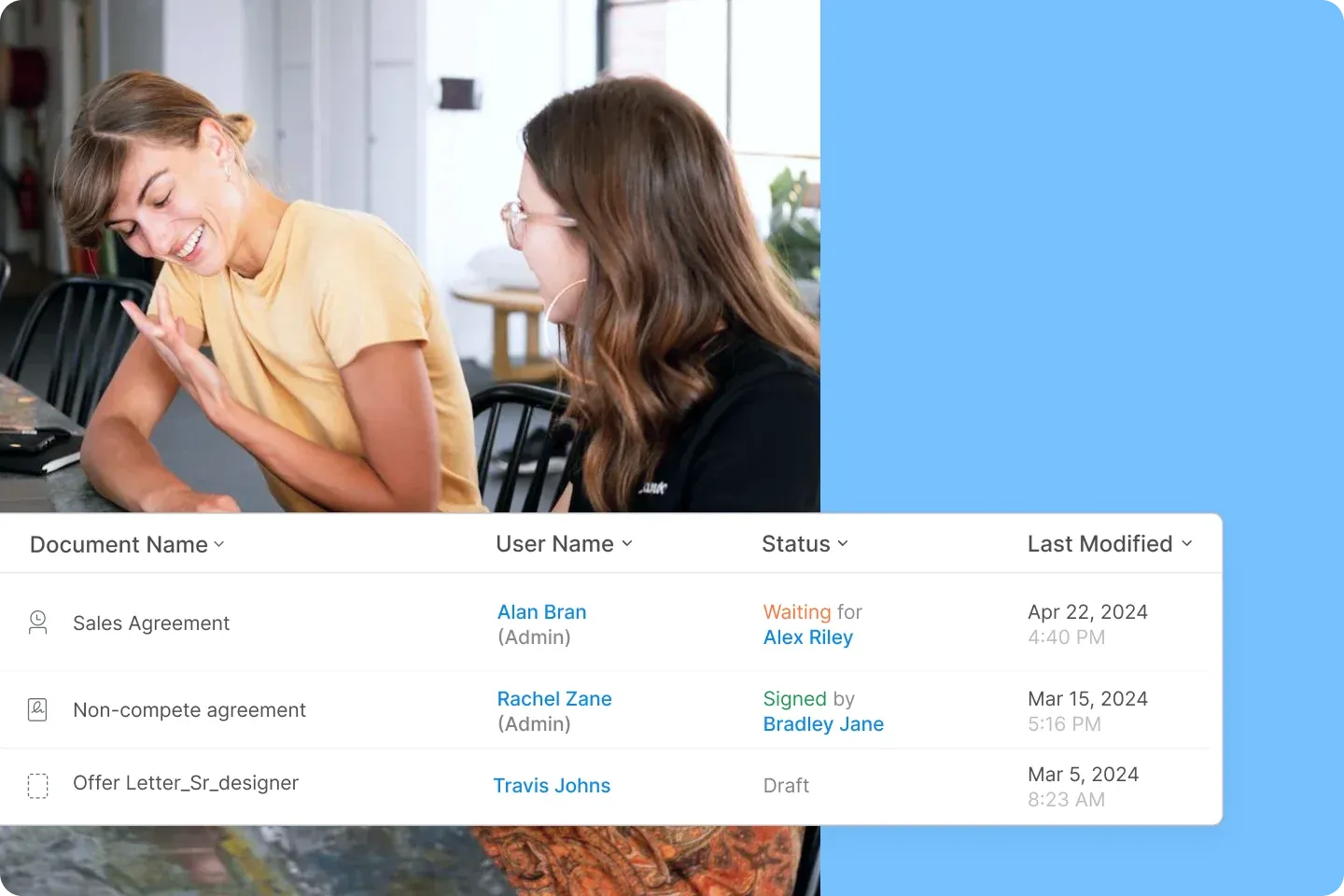 Two coworkers smiling while viewing a document list with status and user details.