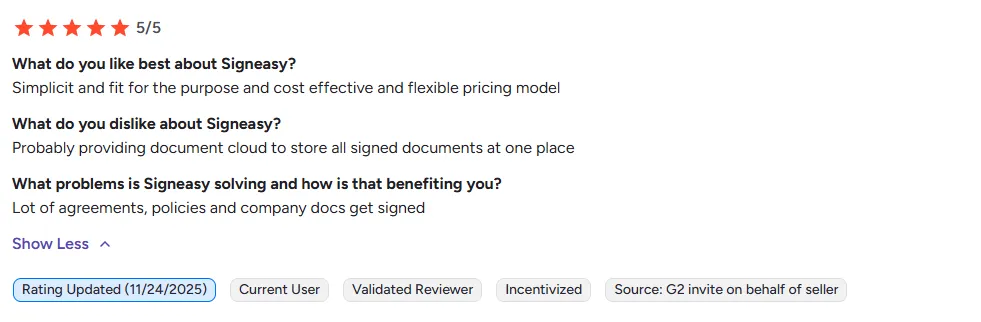 Signeasy G2 review highlighting simplicity, cost-effectiveness, and a flexible pricing model
