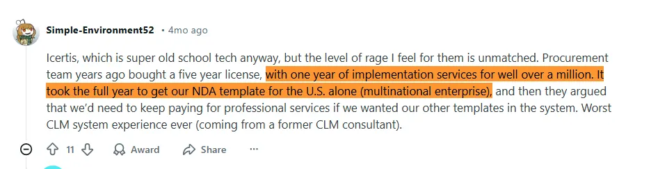 Screenshot of Reddit review about Icertis pricing and setup delays