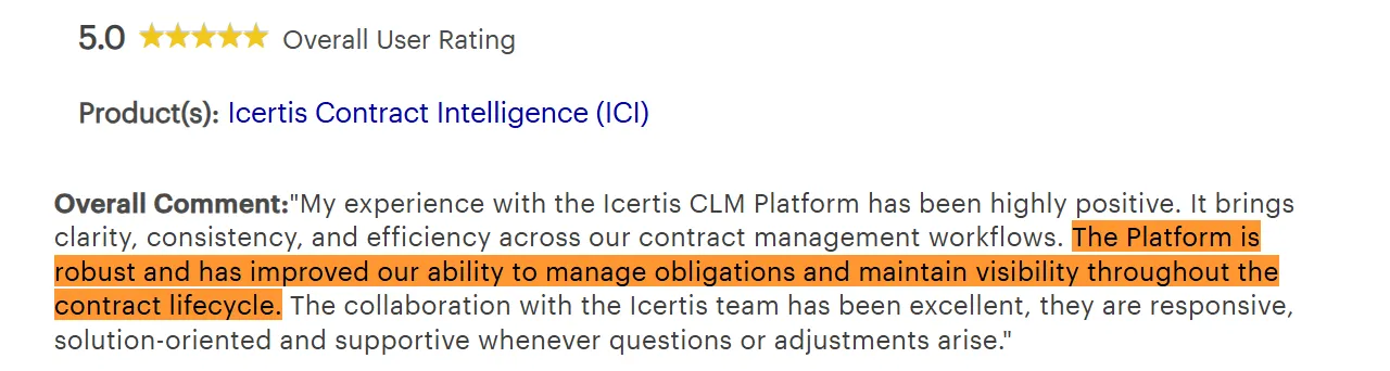 A 5.0-star review of Icertis Contract Intelligence praising its robustness and workflow efficiency