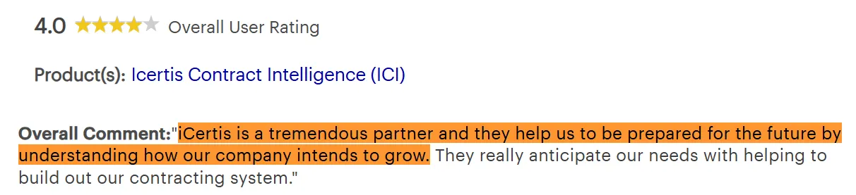 Icertis user review highlighting the platform as a tremendous partner for building out complex contracting systems