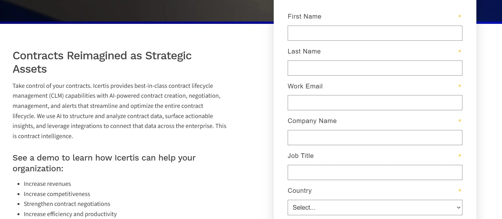 Icertis demo request form alongside strategic contract asset messaging