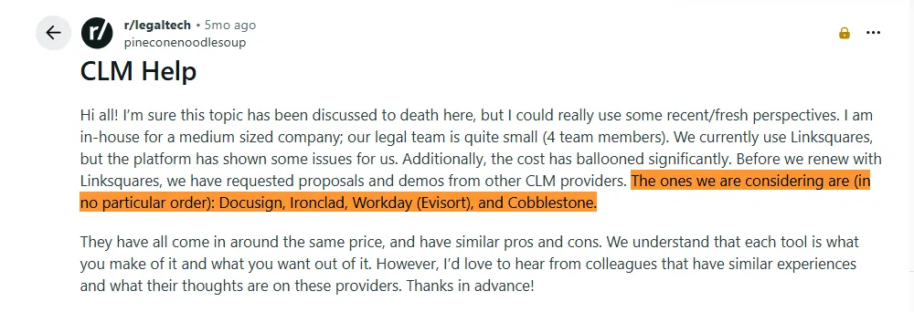 Reddit discussion about switching CLM providers due to ballooning costs and seeking fresh perspectives