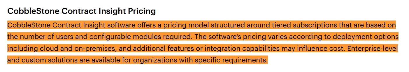 Text overview of CobbleStone pricing variables, including user count and modules