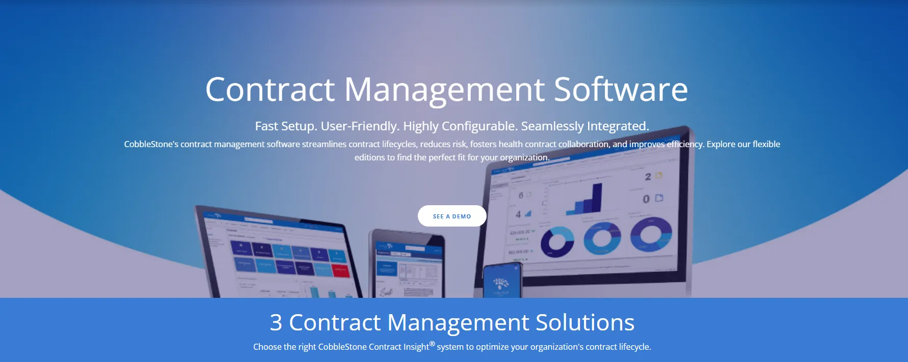 CobbleStone Contract Insight editions comparison webpage showing Express, WorkGroup, and Enterprise feature breakdowns