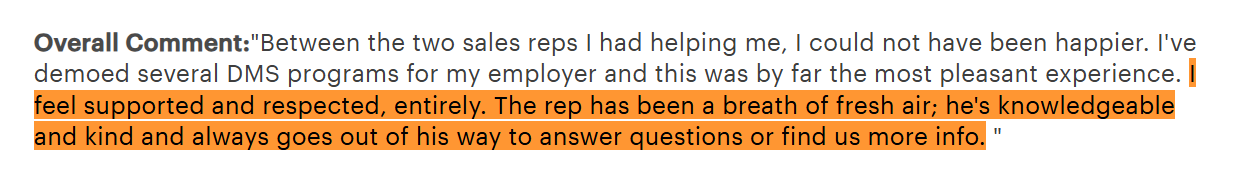 User review praising CobbleStone sales reps for being knowledgeable, kind, and supportive