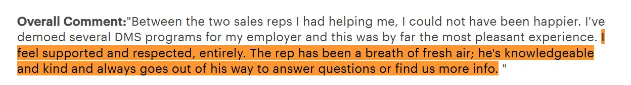 User review praising CobbleStone sales reps for being knowledgeable, kind, and supportive