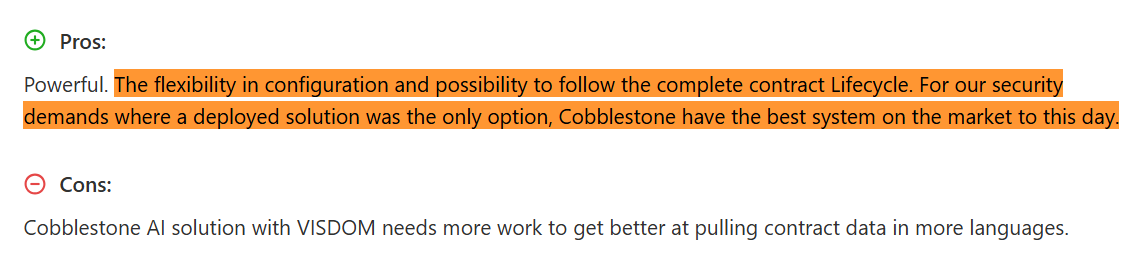 User review praising the flexibility in configuration and the complete contract lifecycle of CobbleStone