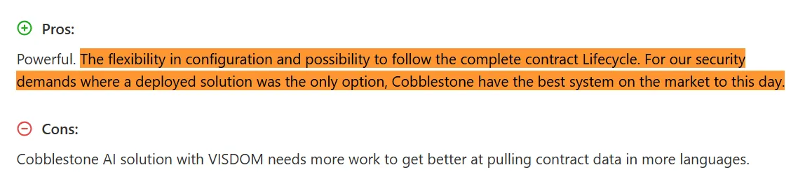 User review praising the flexibility in configuration and the complete contract lifecycle of CobbleStone