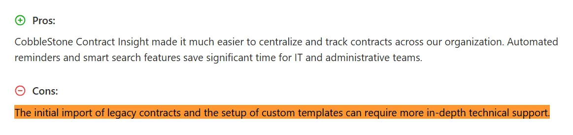 User review on Capterra noting that legacy contract imports in CobbleStone require technical support