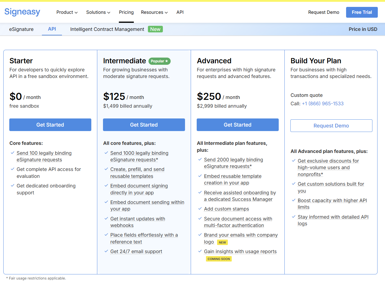 Signeasy API pricing chart with Starter, Intermediate, Advanced, and Build Your Plan options