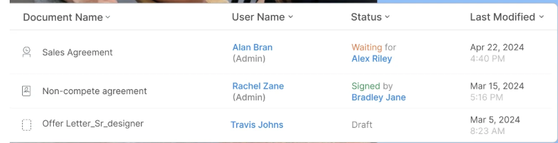 Document list with user names, status, and last modified dates